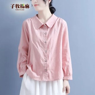 子牧棉麻2024秋装 女文艺复古风POLO领百搭提花休闲宽松长袖衬衫8002