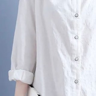 子牧棉麻2024秋装 女文艺复古风POLO领百搭提花休闲宽松长袖衬衫8002