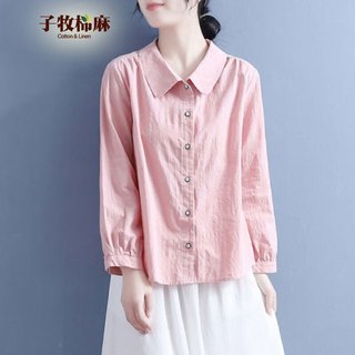子牧棉麻2024秋装 女文艺复古风POLO领百搭提花休闲宽松长袖衬衫8002