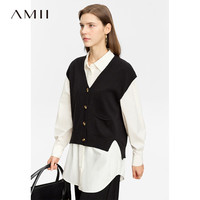 AMII宽松V领前短后长侧开叉针织马夹女口袋叠穿上衣 黑色 170/92A/XL