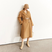 AMII冬新款配腰带长款高开衩全羊毛双面毛呢编织领边装饰外套