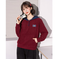 秋冬撞色连帽卫衣女休闲开胸卫衣女减龄时尚百搭套头长袖上衣