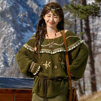 原创民族风时尚流苏挂脖吊带毛衣一字肩露肩设计感宽松女