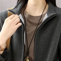 子牧棉麻2024秋装 女复古宽松型拉链纯色外套长袖立领显瘦开衫上衣5507 深灰色 L(115-125斤)