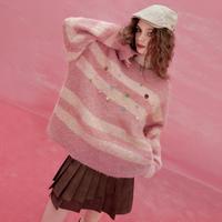 【秋冬福利款】日系条纹软糯宽松圆领毛衣女立体纽扣撞色针织毛衣