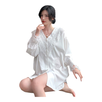 水中花2024秋上新甜美睡裙女可爱蕾丝V领开衫长袖衬衫公主风睡衣