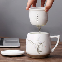 束氏茶道 SHUSHI TEA CEREMONY 350ml手绘陶瓷水杯茶具茶杯陶瓷办公杯花茶杯功夫泡茶杯茶水分离