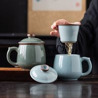 汝窑天青办公杯茶水分离办公室带盖陶瓷茶杯可养开片过滤泡茶水杯