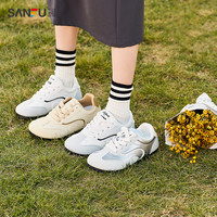 三福低帮板鞋女春季泡芙德训鞋拼色系带大头休闲女鞋835576 杏色加厚