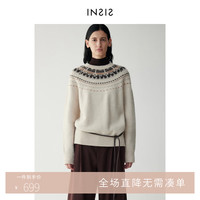 INSIS FEMME INSISFEMME复古RWS羊驼毛2024冬季费尔岛圆领套头针织毛衫上衣女 格陵兰白-30天发货 M