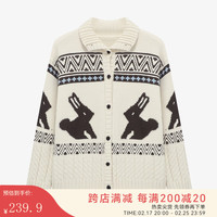 Basic House/百家好复古费尔岛提花翻领毛衣女春季单排扣开衫外套 白色 L