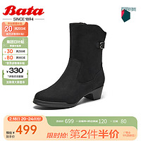 Bata 时装靴女2024冬商场羊皮通勤百搭软底粗跟短筒靴AV467DZ4 黑色-绒面绒里 35