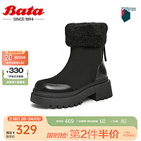 Bata 雪顶靴女2024冬季新款粗跟保暖毛毛软底翻翻雪地靴69915DZ4 黑色 37