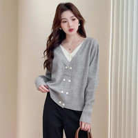 唐狮假薄款针织开衫女年V领复古学院风灰色毛衣qd