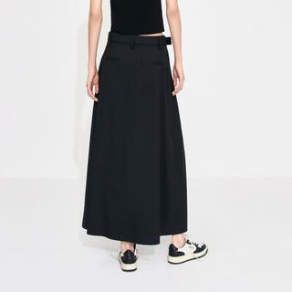 长款压褶A字半身裙附腰带女装