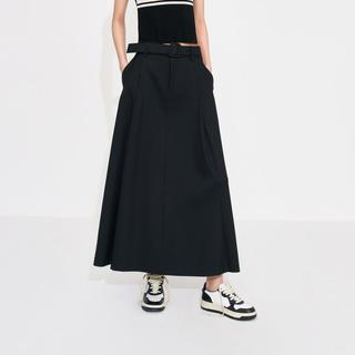 长款压褶A字半身裙附腰带女装