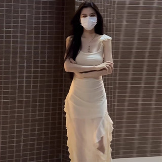 Jret2025夏装新款小妈裙纯欲风法式吊带连衣裙子夏季女装海边度假长裙 [杏色][韩系女装   物流较慢 M 45/55kg