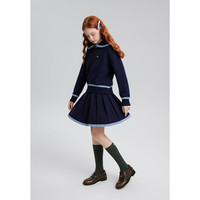 ELLE KIDS童装 撞色麻花娃娃领针织套装女童秋季毛衣/百褶裙可选 藏青色-半裙 165 (M)