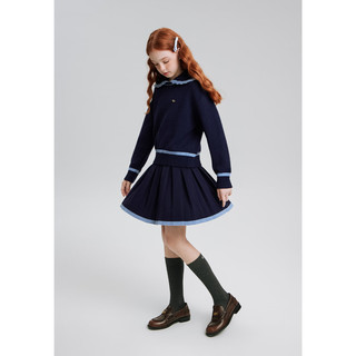ELLE KIDS童装 撞色麻花娃娃领针织套装女童秋季毛衣/百褶裙可选 藏青色-半裙 165 (M)