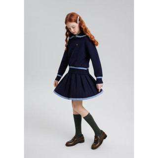 ELLE KIDS童装 撞色麻花娃娃领针织套装女童秋季毛衣/百褶裙可选 藏青色-半裙 165 (M)