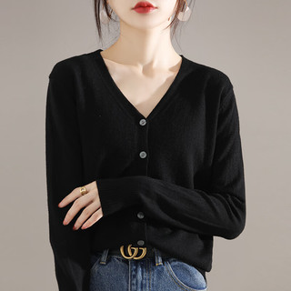 燠阳春秋开衫女V领针织衫百搭上衣时尚宽松小外套打底外搭 黑色 L 【110-120斤】