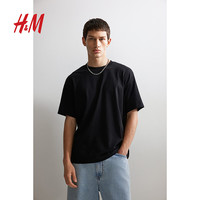 H&M男装女装T恤夏季休闲宽松落肩短袖纯棉罗纹圆领上衣1003662 白色 175/108A