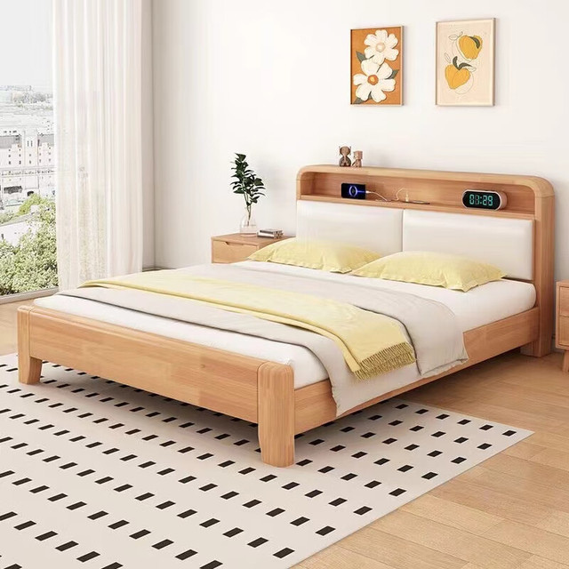 移动端、京东百亿补贴：英格堡 YIIGEBO 床 橡胶木实木床1.8米2米双人床主卧大床现代简约橡木单人床 原木色 1.8*2米框架结构