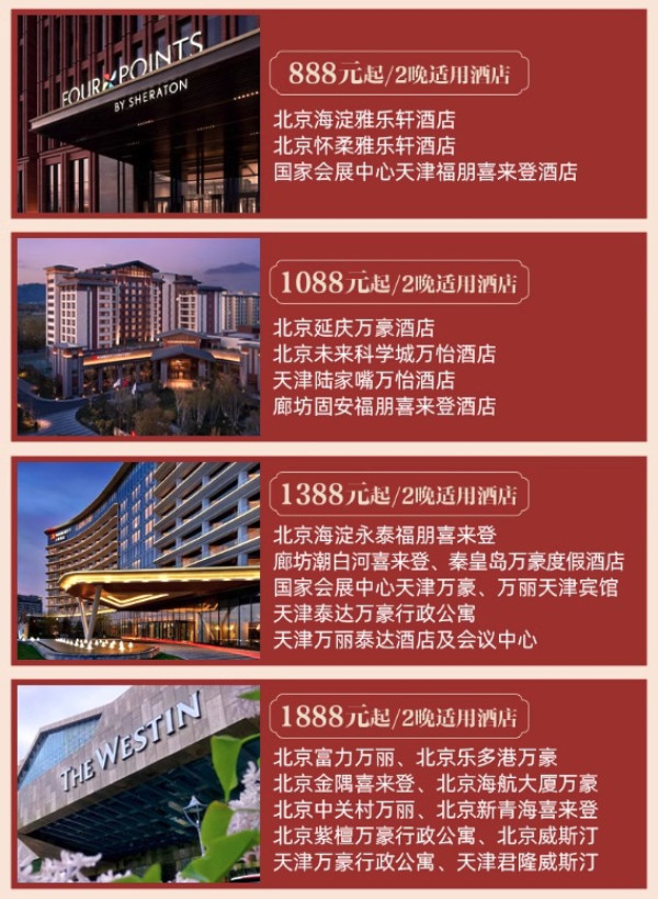 含“京”量高!藏了超多五一/清明不加价,还有行政礼遇!万豪京津冀24店2晚通兑(可拆分)+含早等