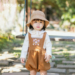 幼歌（YOUGE） 男女童背带裤春秋宝宝灯芯绒裤婴幼儿刺绣吊带裤子 土黄色1 90cm