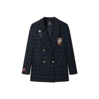 小熊秋冬款学院风宽松中长款双排扣戗驳领西装外套