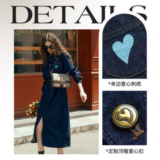 Olrain欧芮儿牛仔连衣裙女春季收腰刺绣减龄裙子 普鲁士蓝 L 