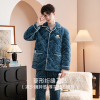 芬腾睡衣男【加绒夹棉】秋冬包边翻领英文刺绣绅士保暖家居服套装 牛仔兰 L