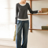 AN 大码女装假两件长袖T恤春季微胖mm慵懒内搭打底衫