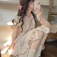 优雅淑女杏色连衣裙女夏季款木耳边减龄温柔显瘦裙子