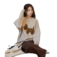 yoe圆领毛衣女含羊毛杏色秋冬慵懒内搭新年卡通宽松外套上衣女装 A款/中麻灰 S