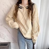 春季女翻领撞色套头毛衣显瘦学院风减龄韩版休闲百搭