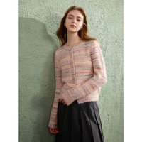 三彩【宋轶同款】2024冬季棉花糖毛衣段染针织衫圆领开衫毛衫宽松 豆沙粉条纹 S 155/80A