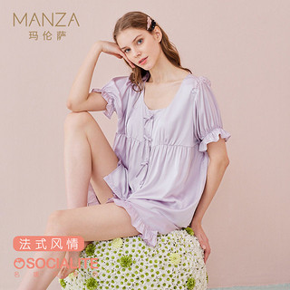 百亿补贴：玛伦萨 manza 睡衣女夏短袖短裤套装少女泡泡袖蝴蝶结宽松薄款女士家居服