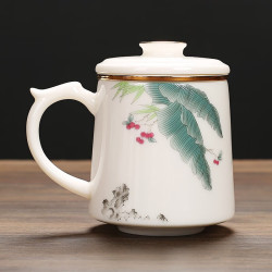 君肴 羊脂玉白瓷茶杯茶水分离陶瓷水杯办公杯大容量带盖带过滤办公室杯子马克杯家用情侣杯定制玉瓷主人杯 老实巴交-茶水分离-三件套