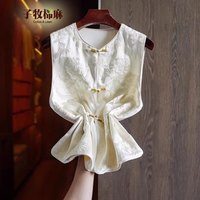 子牧棉麻2025春夏装 女新中式国风马甲背心刺绣复古圆领开衫马夹上衣3501