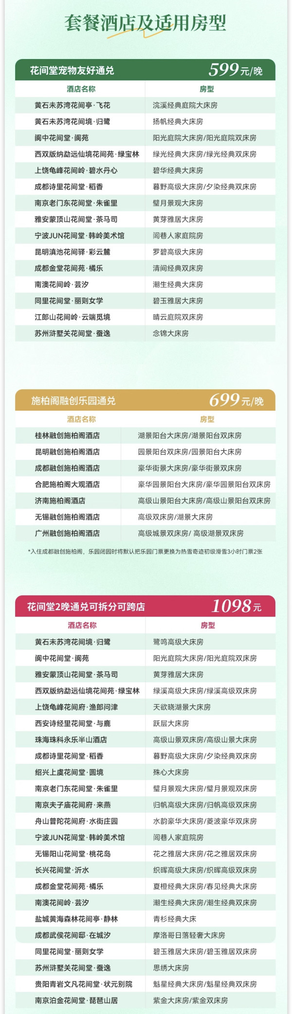 最后2小时：春游用刚好！500+起/晚一堆不加价，都是热门！花间堂/施柏阁酒店全国多店1-2晚含早通兑