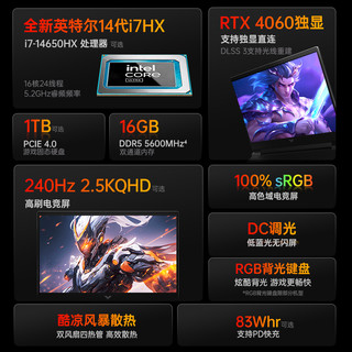  HP/惠普 RTX4060 笔记本电脑  512G固态硬盘，1TB 固态硬盘 英特尔 酷睿 i7-14650HX NVIDIA GeForce RTX4060 1920x1080像素 165Hz 16GB