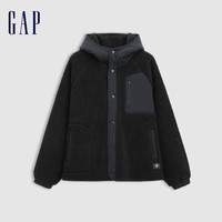 Gap男装2024秋冬仿羊羔绒拼接多口袋连帽外套保暖夹克678560 黑色 175/96A(L)亚洲尺码