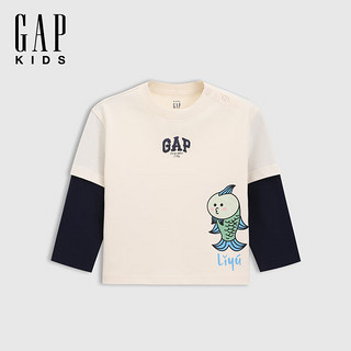 Gap【故宫联名】男女童2025春季印花假两件长袖T恤上衣675166 象牙白 120 cm(6-7岁)亚洲尺码