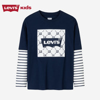 LEVI'S李维斯童装男女童纯棉长袖T恤春秋儿童假两件长T打底衫 深靛蓝 110/52