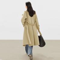 2024春秋装简约通勤不对称领口女式翻领长款风衣外套