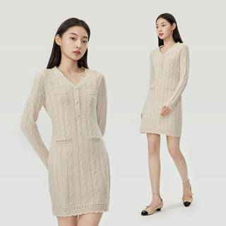 5+ Five Plus女冬装连衣裙女美拉德针织裙子法式V领显瘦长袖