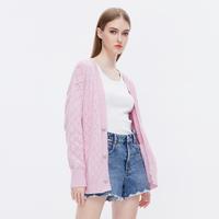 秋季毛织外套女V领宽松开衫保暖温柔减龄粉百搭上衣