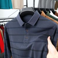 纯棉上衣百搭条纹长袖T恤男2025春翻领商务休闲爸爸装POLO衫