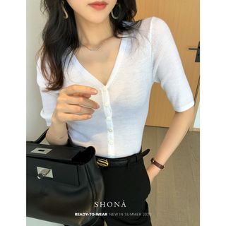 V领法式~美丽诺纽扣气质极简显瘦温柔短袖仿羊毛针织衫女开衫
